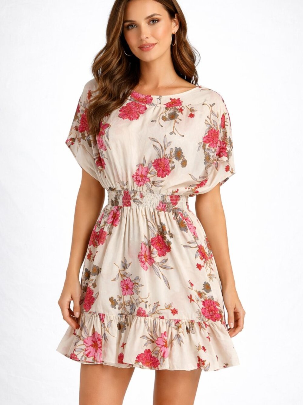 Misa Los Angeles Paulina Dress Size M Cream Pink Floral Ruffle Hem Draped Sleeve